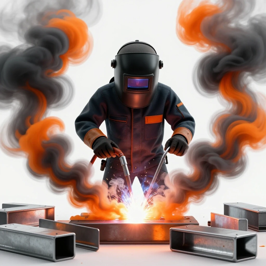 A welder in protective gear works safely with galvanized steel, surrounded by swirling colorful fumes, emphasizing safety in welding.