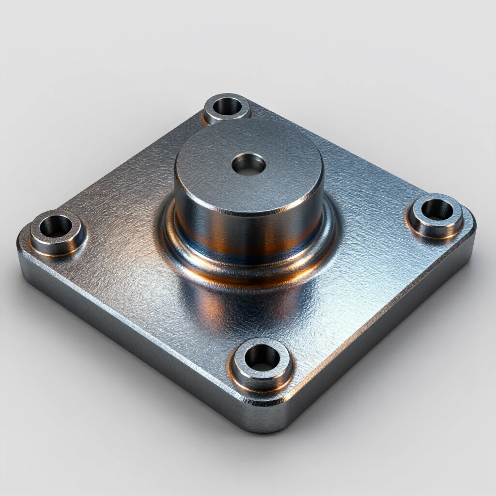 Close-up of a freshly welded leveling base plate with bright lighting and clear background, showcasing craftsmanship.