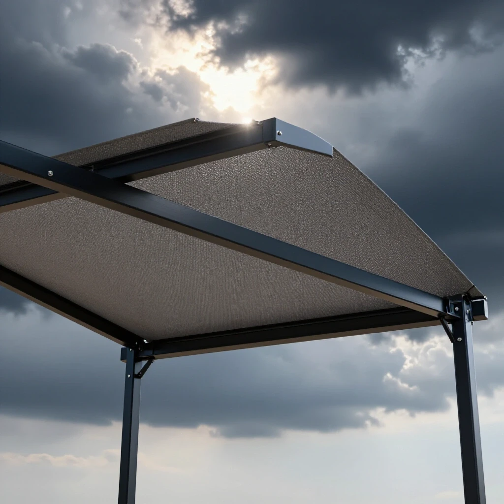 A strong metal frame for a patio awning being welded, with stormy skies and sunlight breaking through, symbolizing resilience.