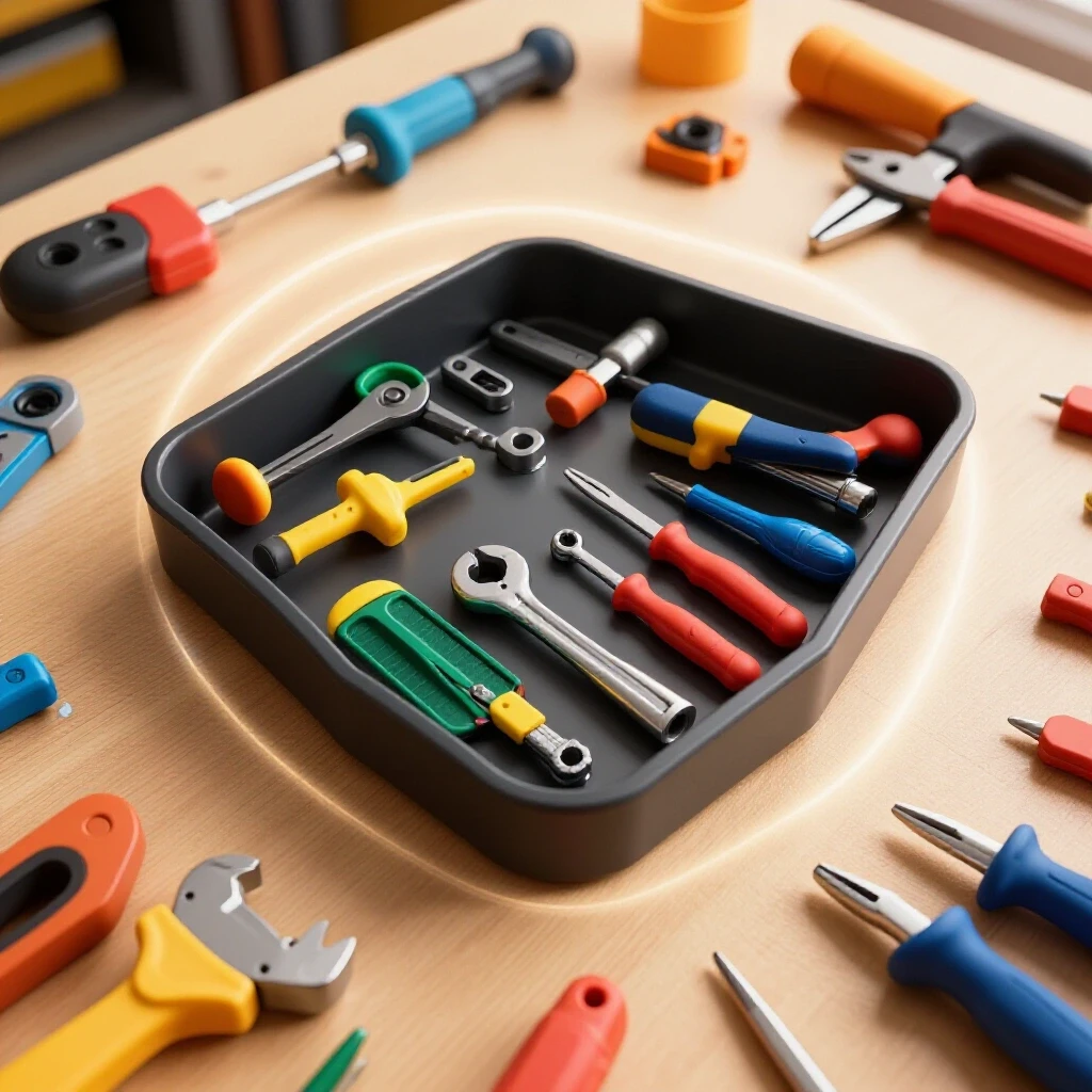 Dynamic overhead view of a magnetic tool organizer tray with colorful tools and welding equipment on a workshop table.