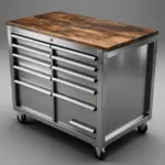 A bright, polished steel workbench with integrated metallic tool storage drawers, showcasing precision and craftsmanship.