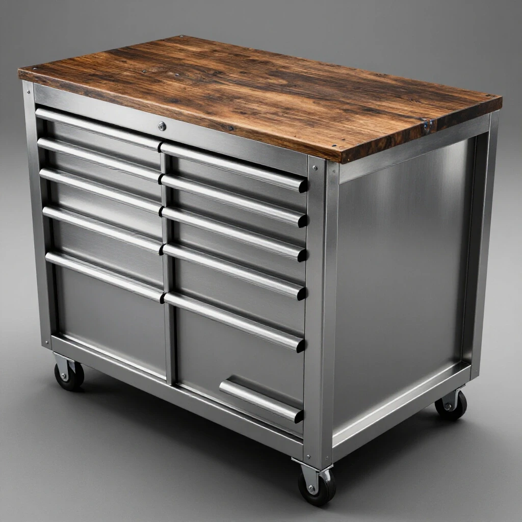 A bright, polished steel workbench with integrated metallic tool storage drawers, showcasing precision and craftsmanship.