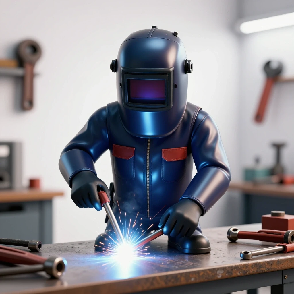 A shiny welder on a workbench with aged tools in the background, showcasing its value and reliability.