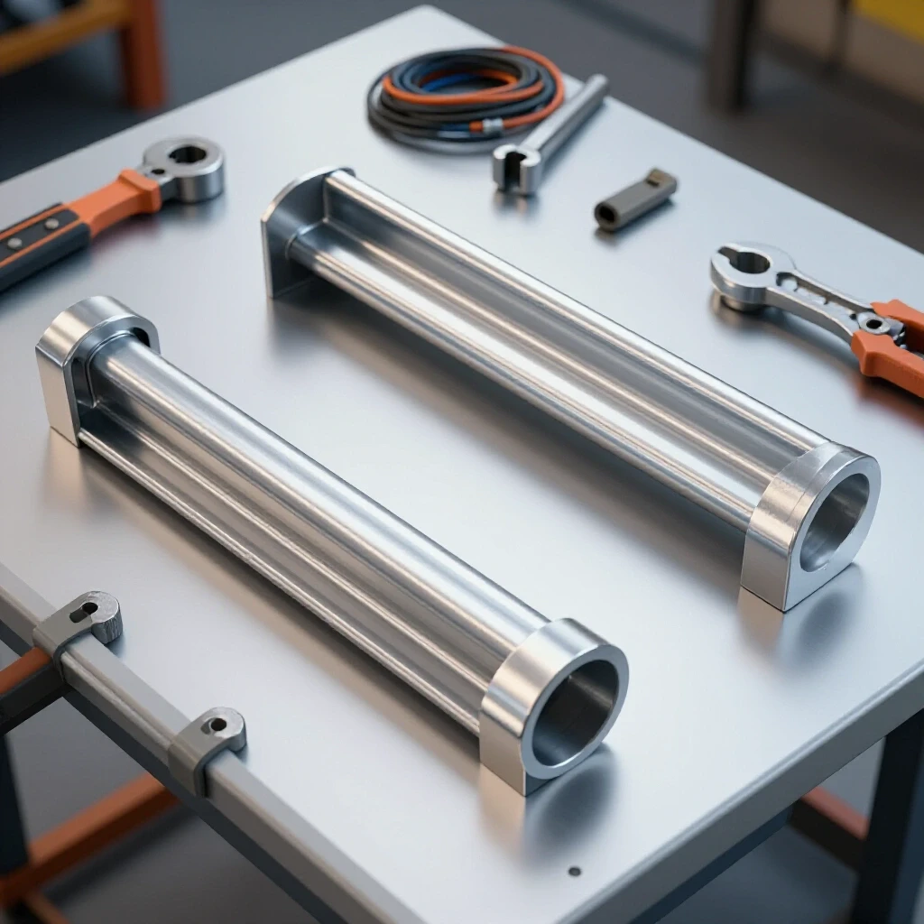 Shiny metal ground bus bar on a welder's table with tools, set in a bright workshop environment.