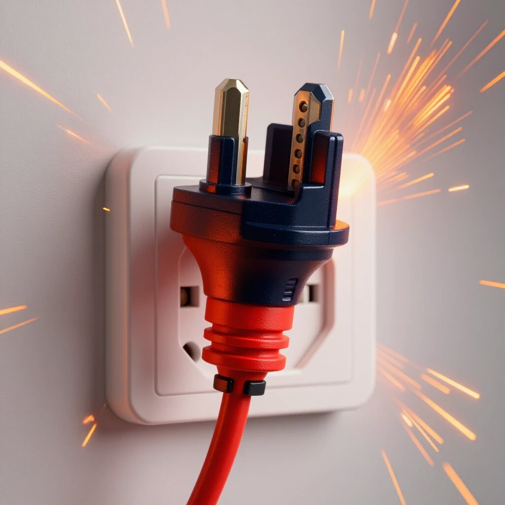 A welder's plug being connected with bright sparks flying in the background, highlighting safety and action.