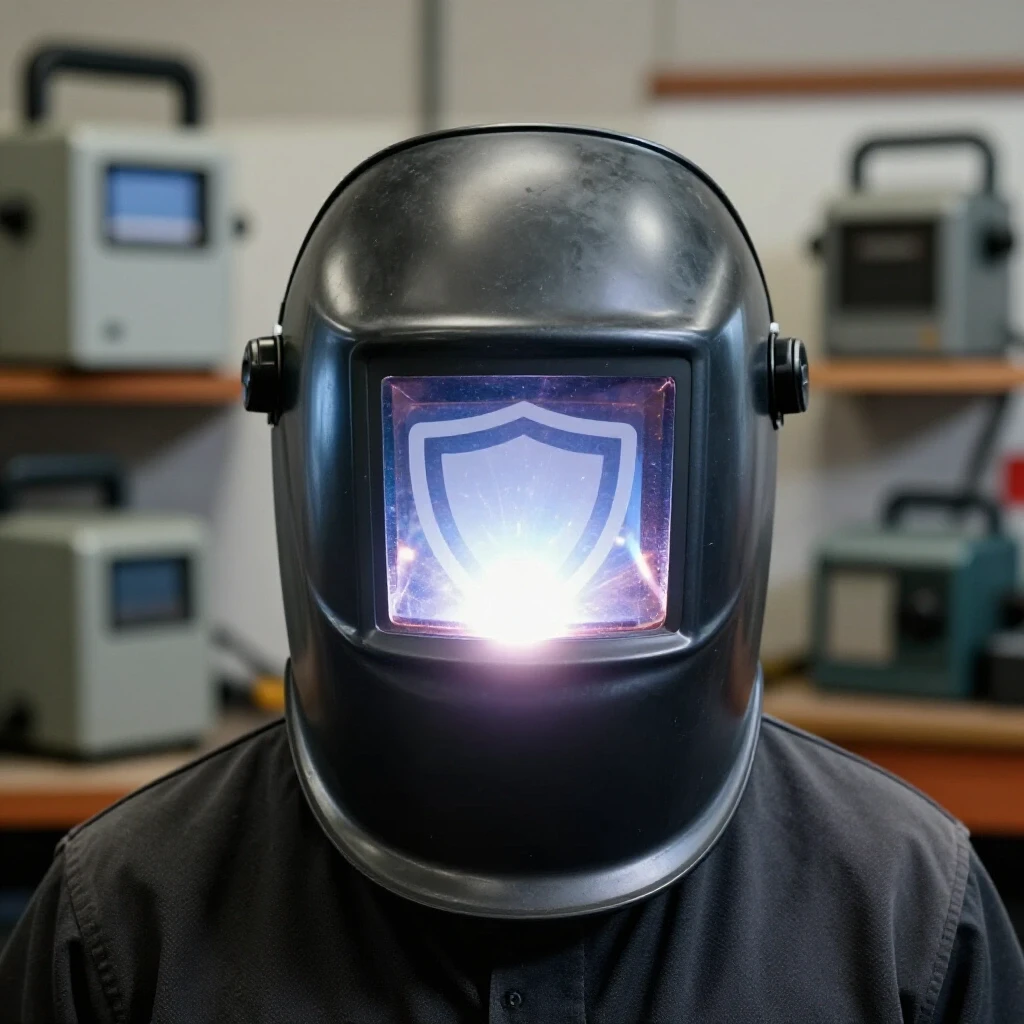 A welder's helmet reflecting a glowing arc, surrounded by various welding machines, symbolizing tool reliability.