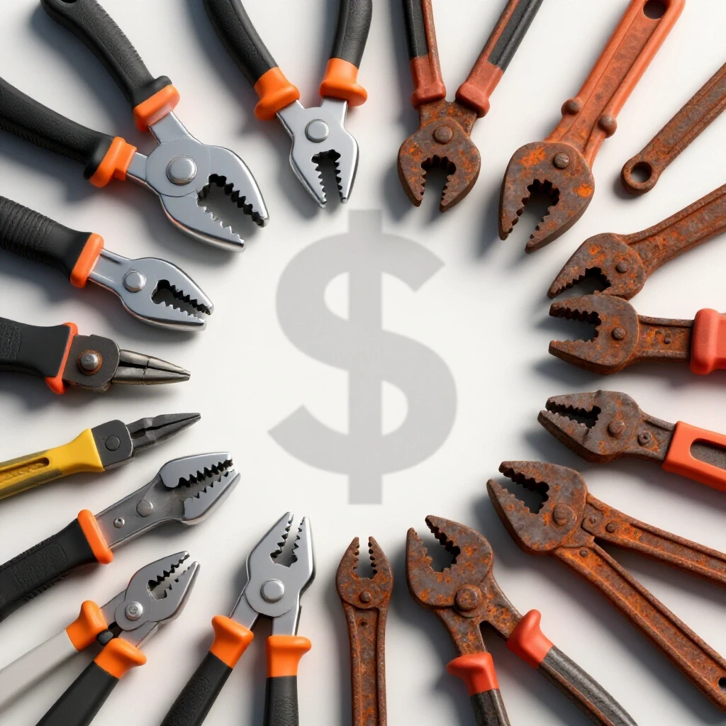A stark contrast between shiny welding accessories and rusted old tools, symbolizing wise purchasing decisions.