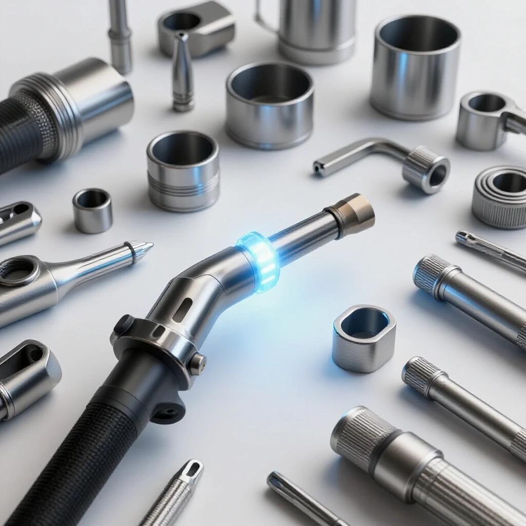 A glowing welding torch illuminating high-quality welding accessories on a bright, clean background, showcasing their metallic textures.