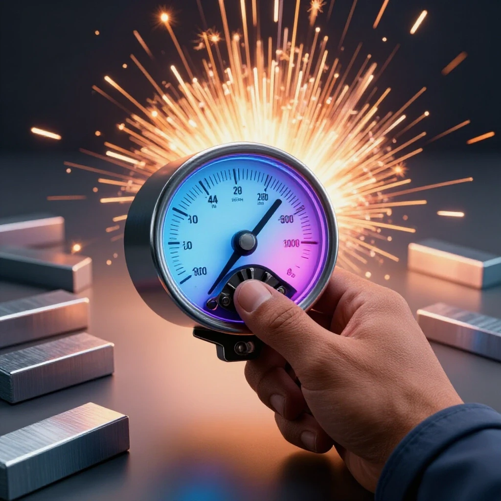 Close-up of a welder's hand adjusting a glowing amperage dial with sparks flying in the background.