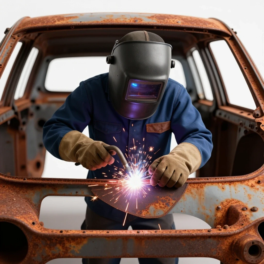 Close-up of a welder's hands patching a rusted auto body, with sparks flying in a bright workshop.
