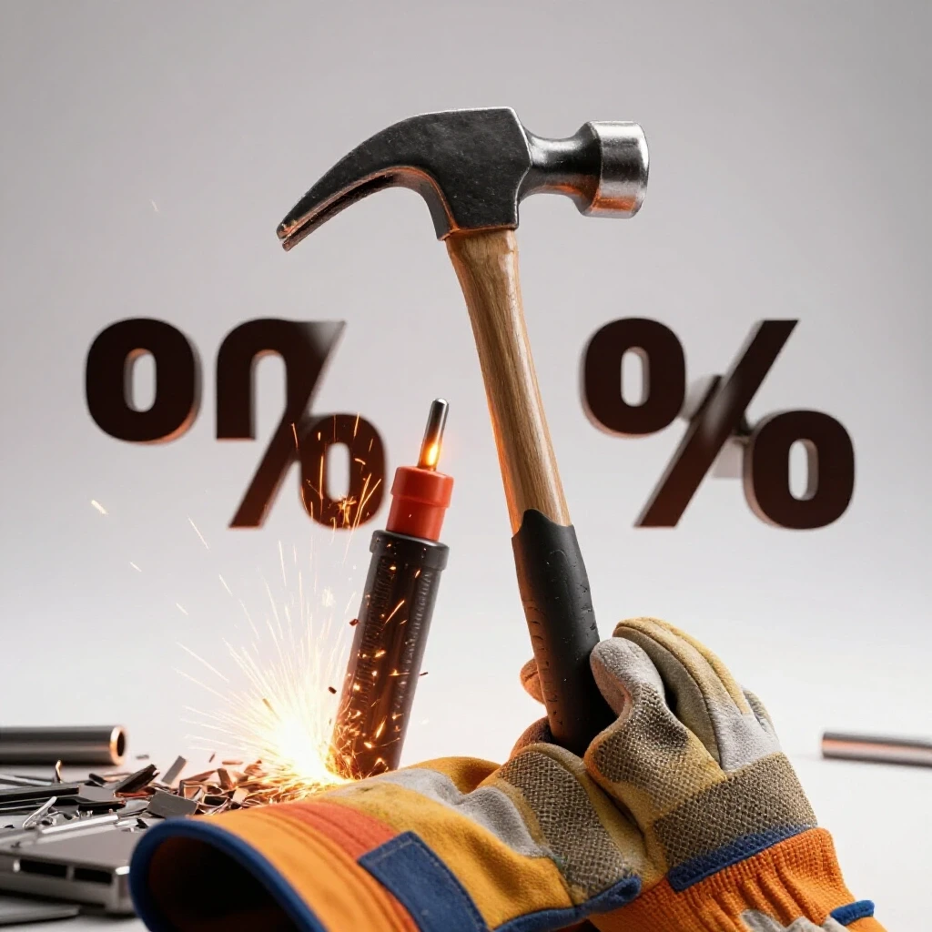 A welding chipping hammer striking, surrounded by flying sparks and shavings with a safety glove in focus.