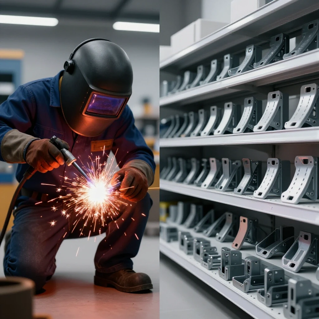 A split image showing a welder creating a custom bracket with flying sparks on one side and a shelf with pre-made brackets on the other, illustrating DIY vs retail.