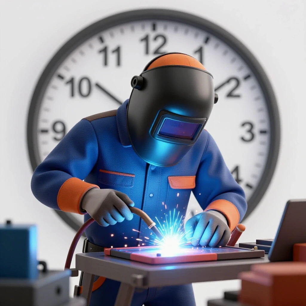 A welder at work with an illuminated arc, and a subtle clock displayed in the background, representing time management in welding.