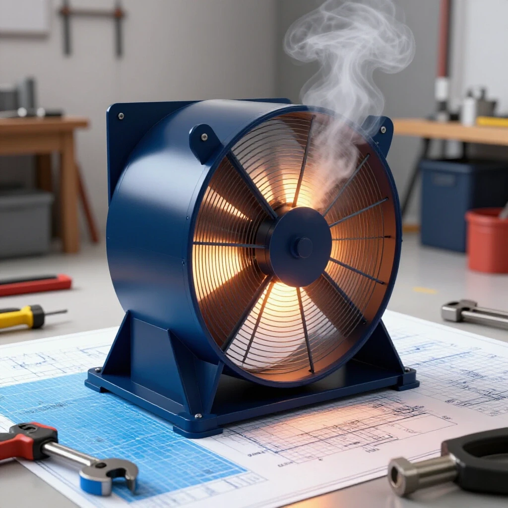 Partially built welding fume exhaust fan system with blueprints and tools in a bright workshop setting.