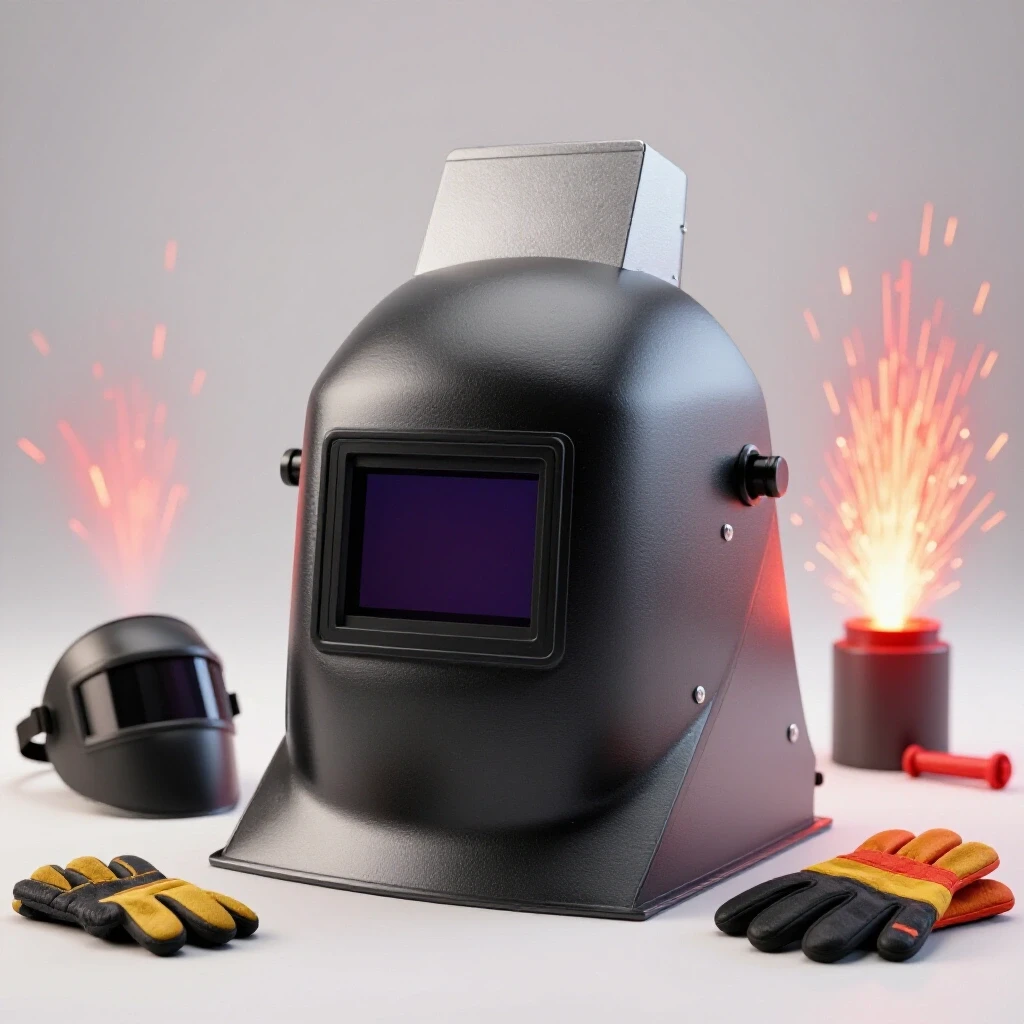 Partially constructed welding fume extraction hood surrounded by tools with sparks flying in the background, emphasizing safety in welding.
