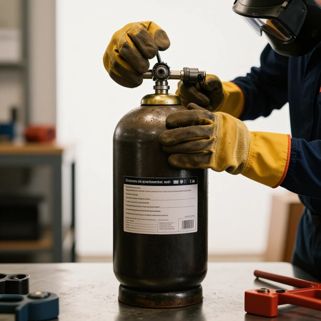 Close-up of hands safely handling a welding gas cylinder in a bright workshop scene with protective gear.