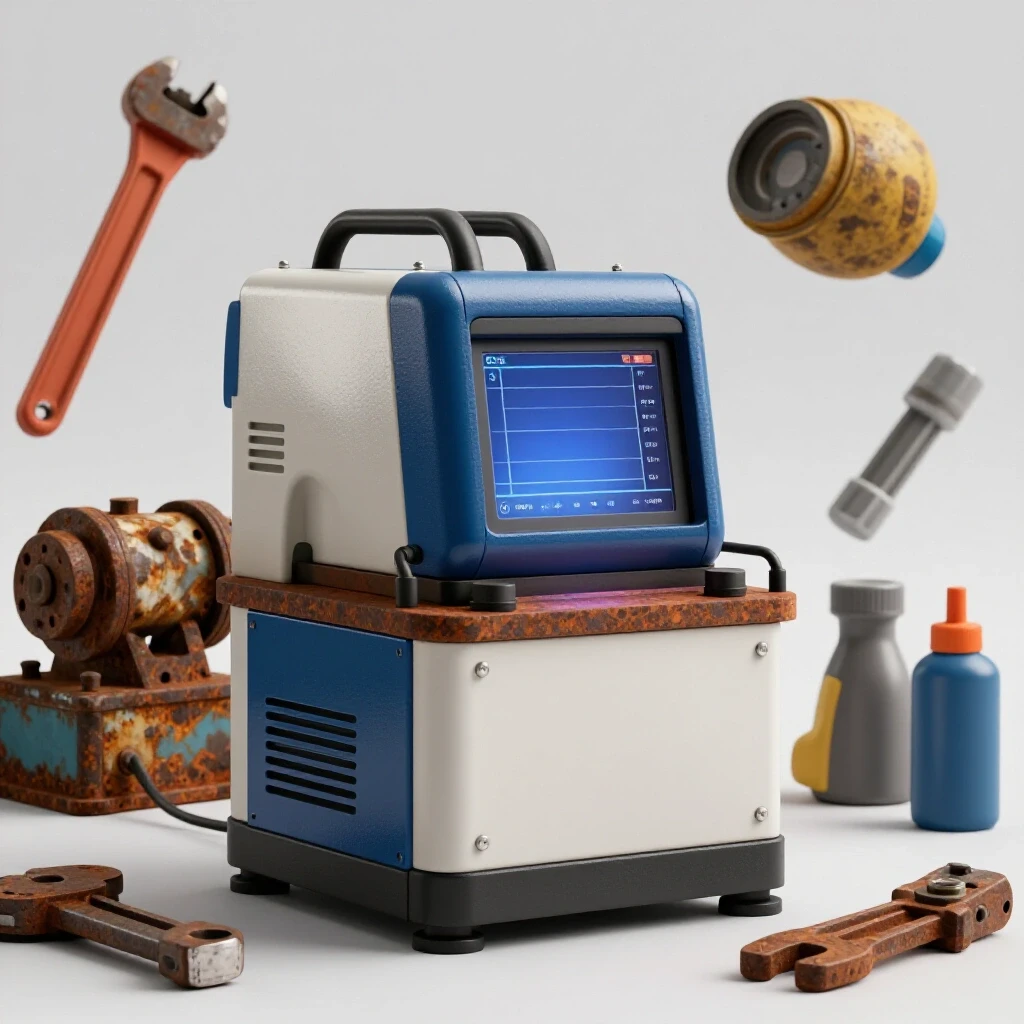 A contrasting scene of a shiny, well-maintained welding machine next to a rusting, worn-out machine with tools in the background.