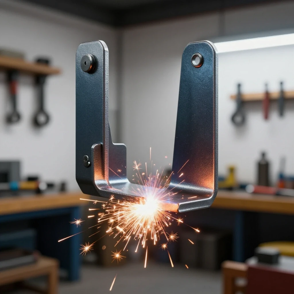 Close-up view of a sturdy metal bracket being welded, with sparks flying in a well-lit workshop background.