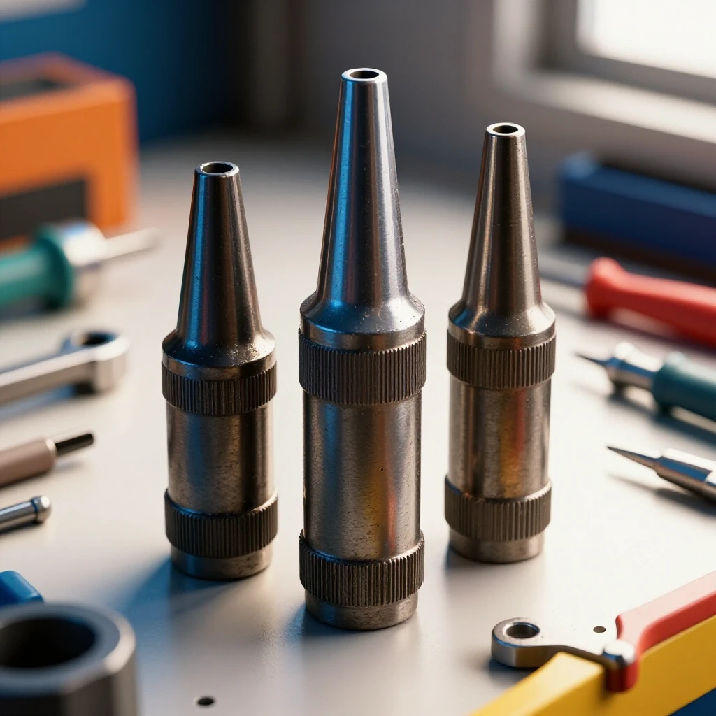 A close-up of worn and shiny welding nozzles and tips on a vibrant workbench, highlighting texture and wear.