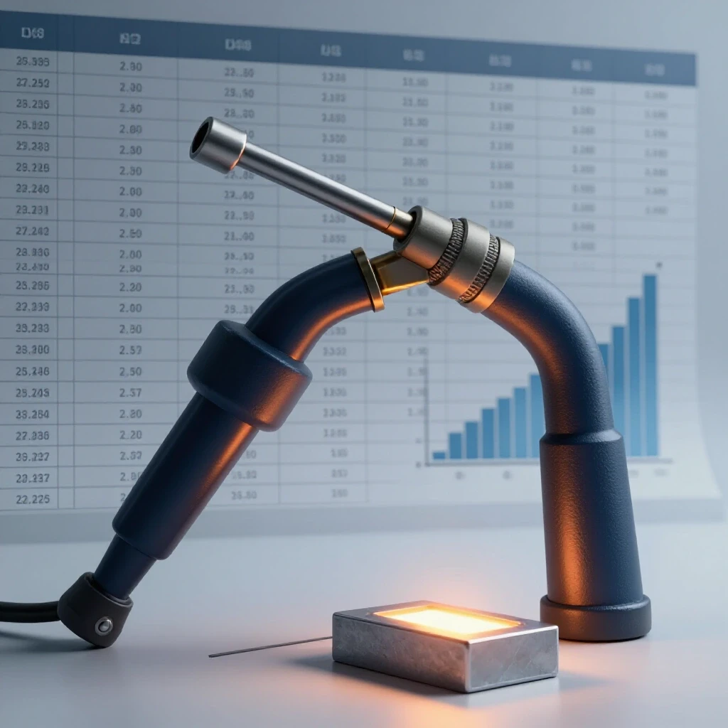 A welding torch and glowing metal piece with a translucent spreadsheet overlay, symbolizing welding profitability calculations.