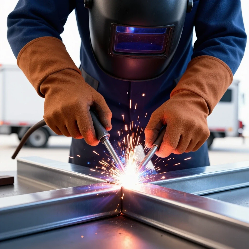 Close-up of a welder's hands joining steel pieces with sparks, highlighting the welding process in a workshop.