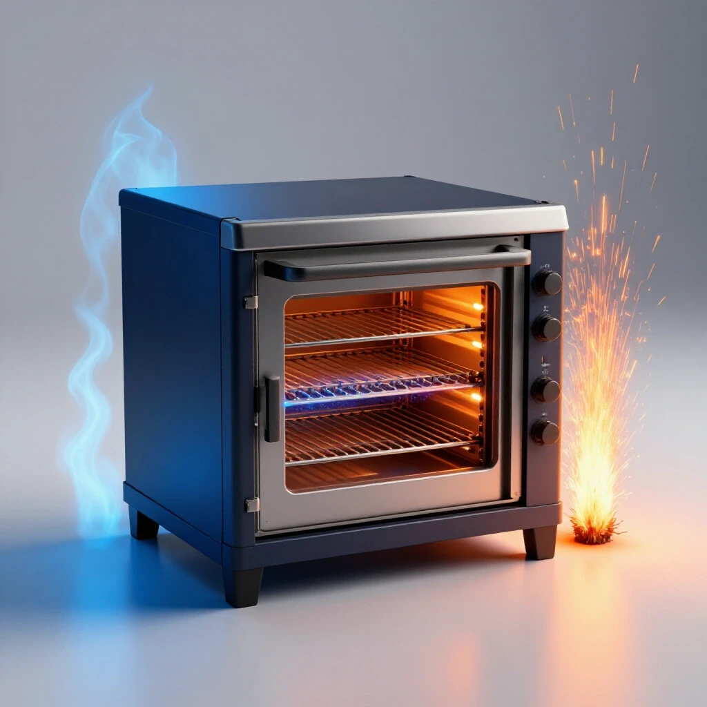 A modern welding rod storage oven surrounded by icy blue flames and warm orange sparks, illustrating temperature control.