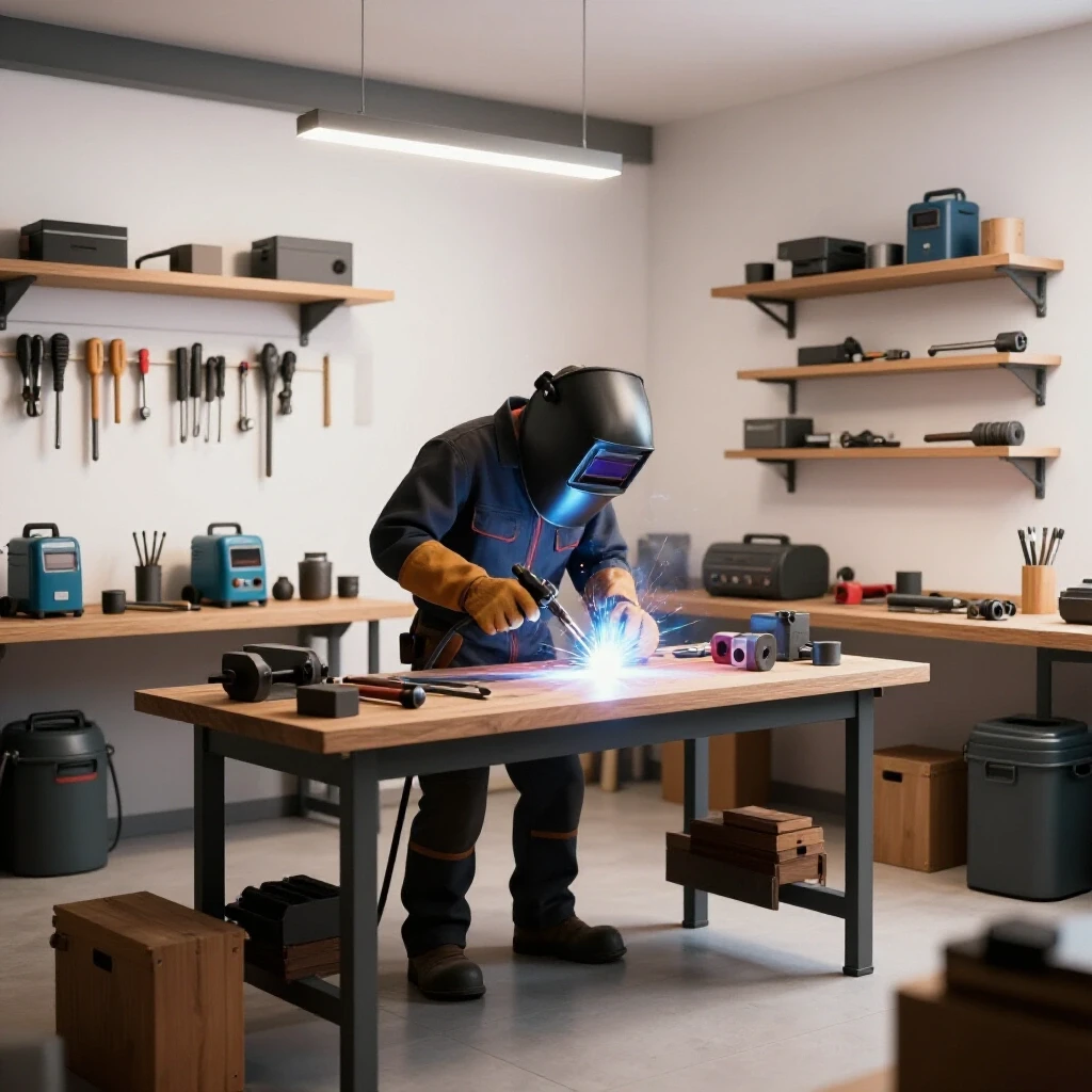 A vibrant home workshop featuring a welding setup, illuminated with a clean background and completed projects.