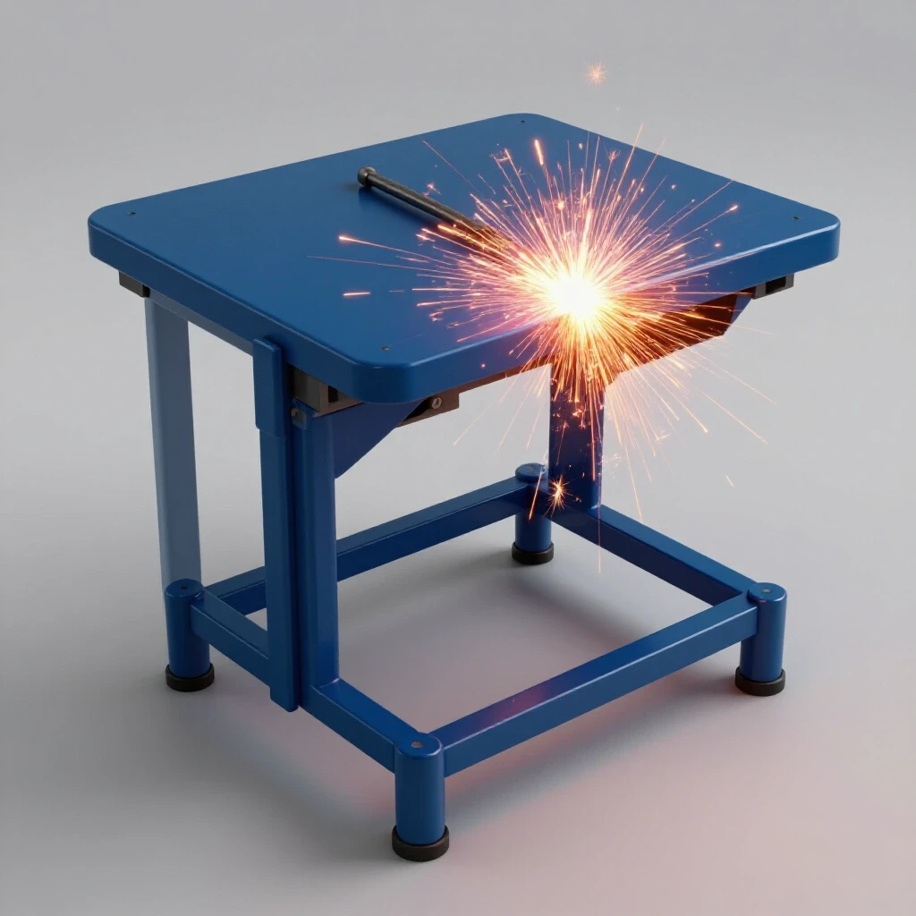 Close-up of a welding table showcasing an effective grounding connection with vibrant sparks and arcs of light.