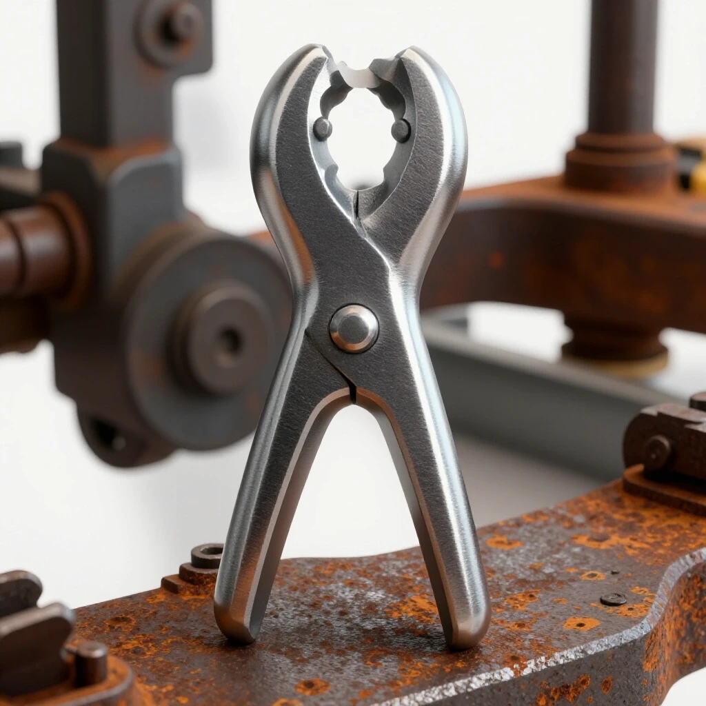 Close-up of a shiny metalworking tool with worn equipment in the background, emphasizing quality over neglect.