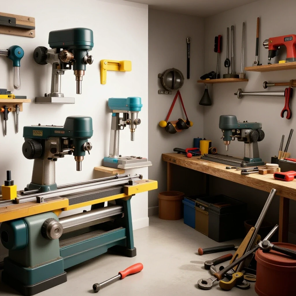 A bright workshop scene featuring modern tools in vivid colors on one side and outdated equipment in shadow on the other.