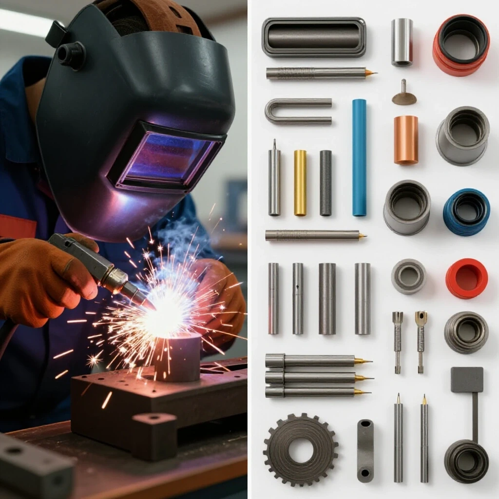 A dynamic split-screen image featuring a multi-process welder in action with welding sparks on one side and organized welding materials on the other.