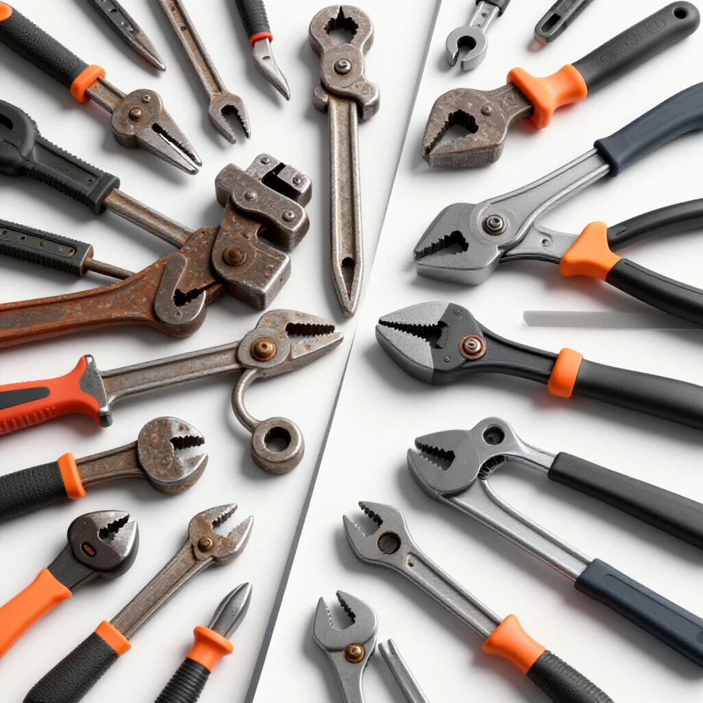 A vibrant display of old worn-out metal tools juxtaposed with sleek modern tools, emphasizing the upgrade journey.