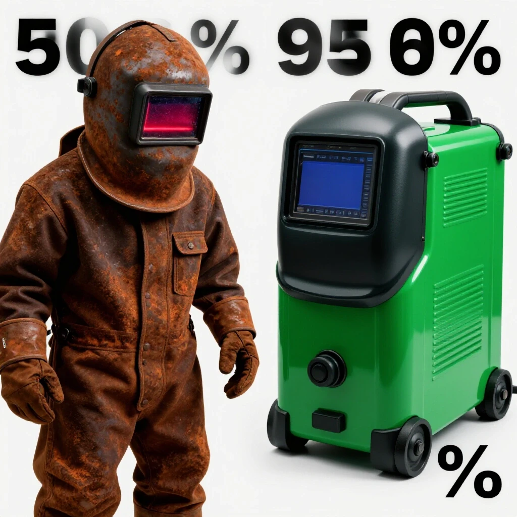 A split image showing rusty welding gear in red on one side and shiny modern welding tools in green on the other, symbolizing the transition to efficiency.