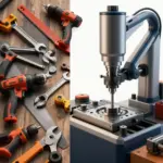 A split view of a cluttered manual workspace with traditional tools on one side and a modern automated machine tool on the other, showcasing efficiency in metalworking.