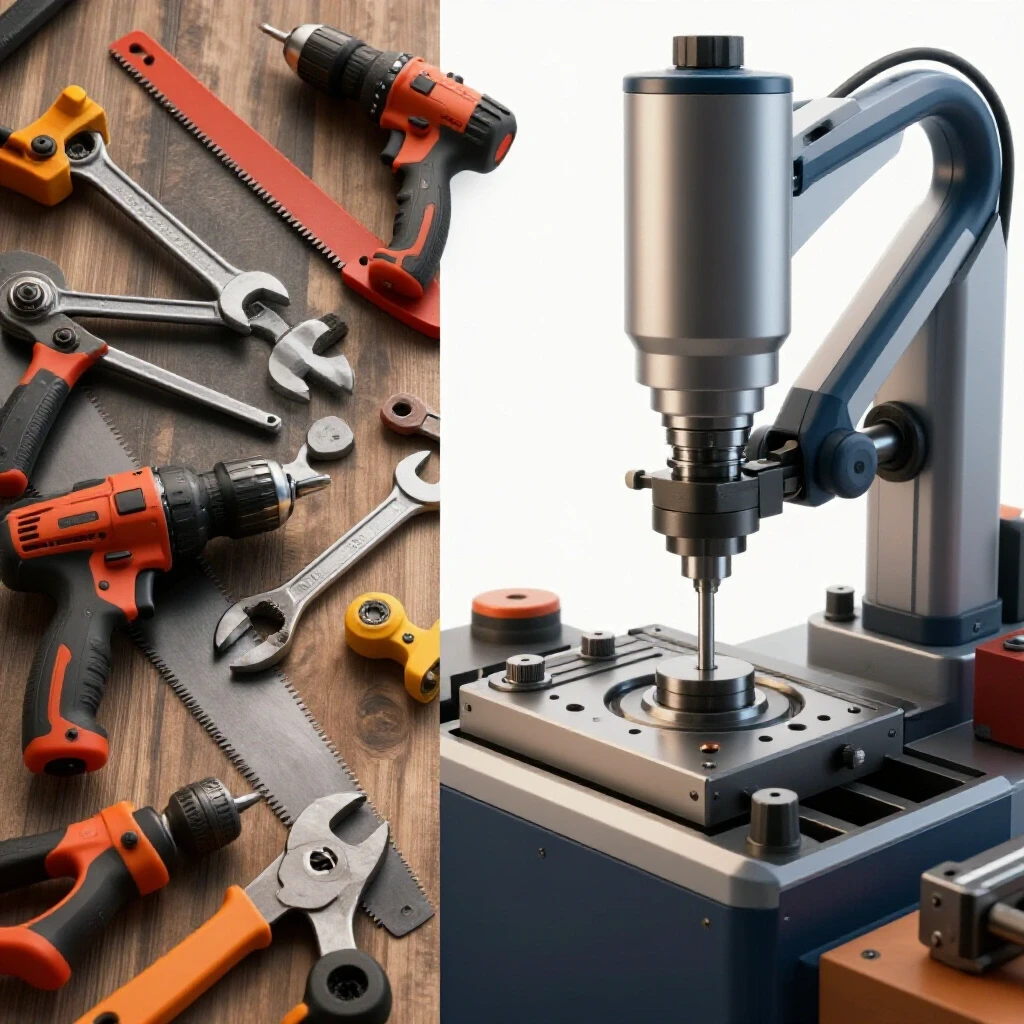 A split view of a cluttered manual workspace with traditional tools on one side and a modern automated machine tool on the other, showcasing efficiency in metalworking.