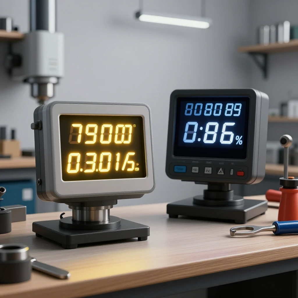 A bright workshop scene showing a high-quality digital readout glowing alongside a dimly lit, low-quality readout, surrounded by tools.