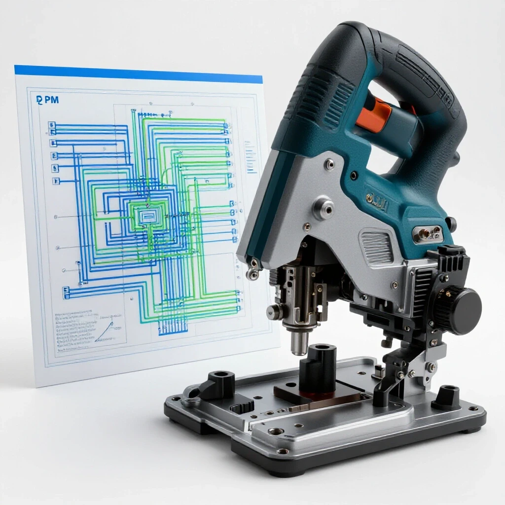 Detailed close-up of a wiring diagram beside a partially disassembled PM 2000 saw, emphasizing clarity and contrast.