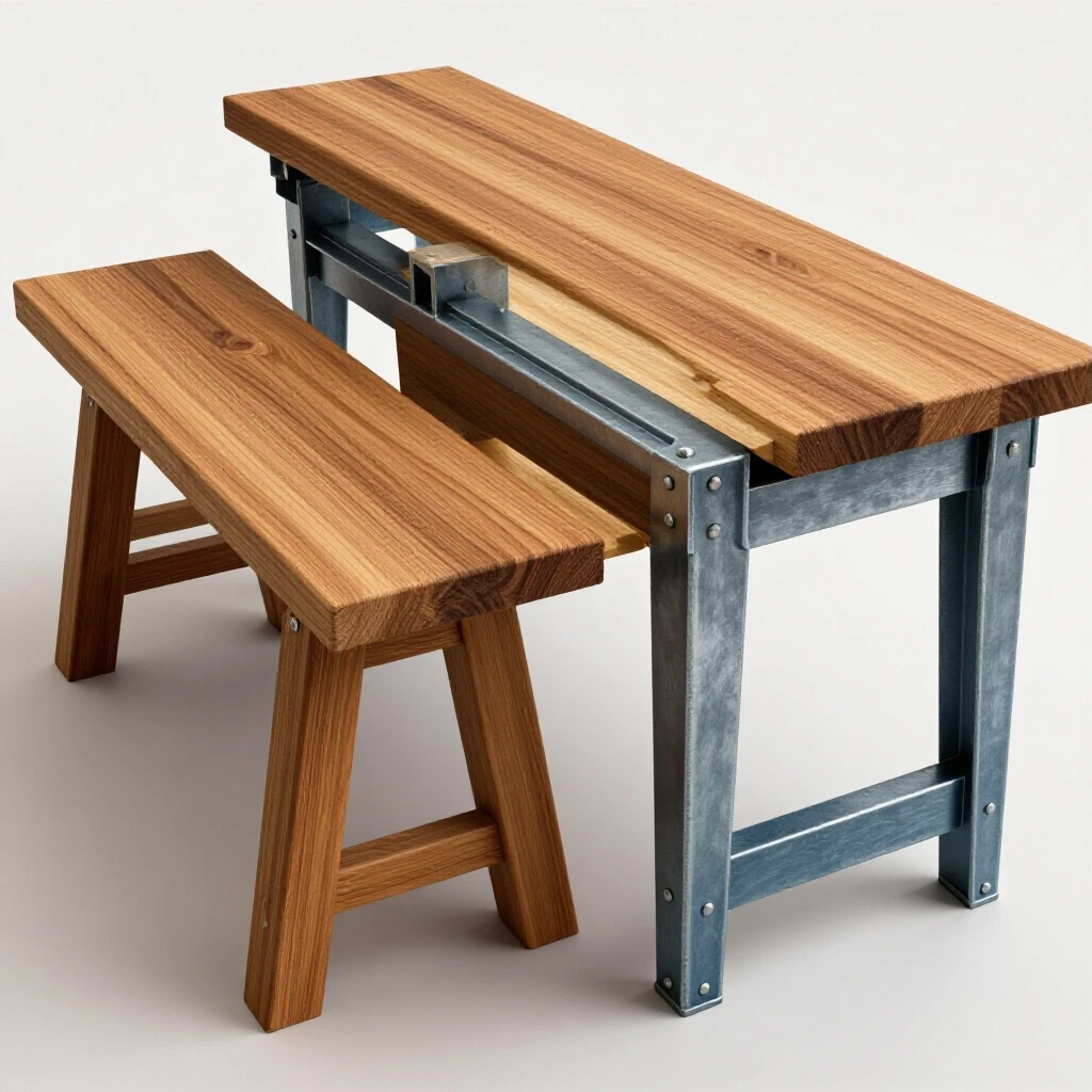 A split-view workshop bench showing instability on one side and reinforced stability on the other with metal brackets.