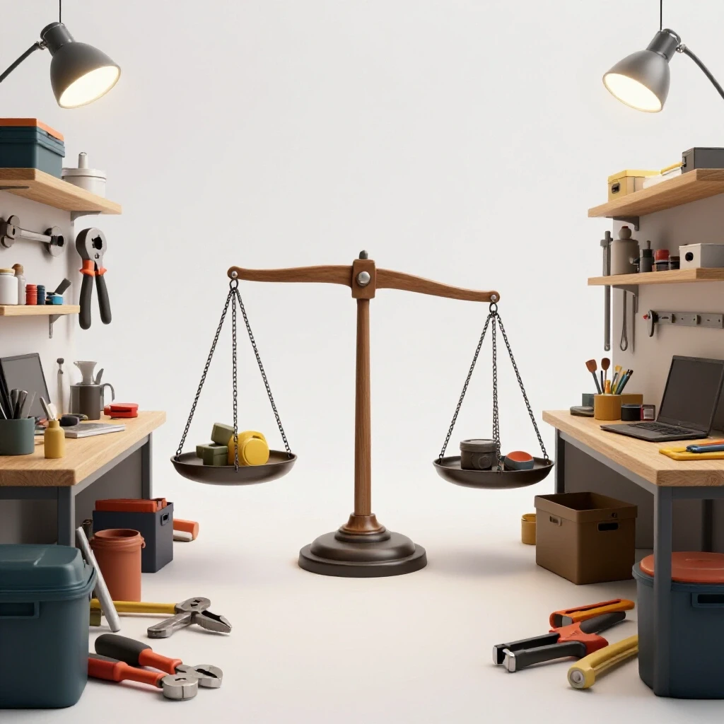 A workshop scene showcasing a cluttered workspace contrasted with an organized setup, featuring a balance scale to symbolize cost management.