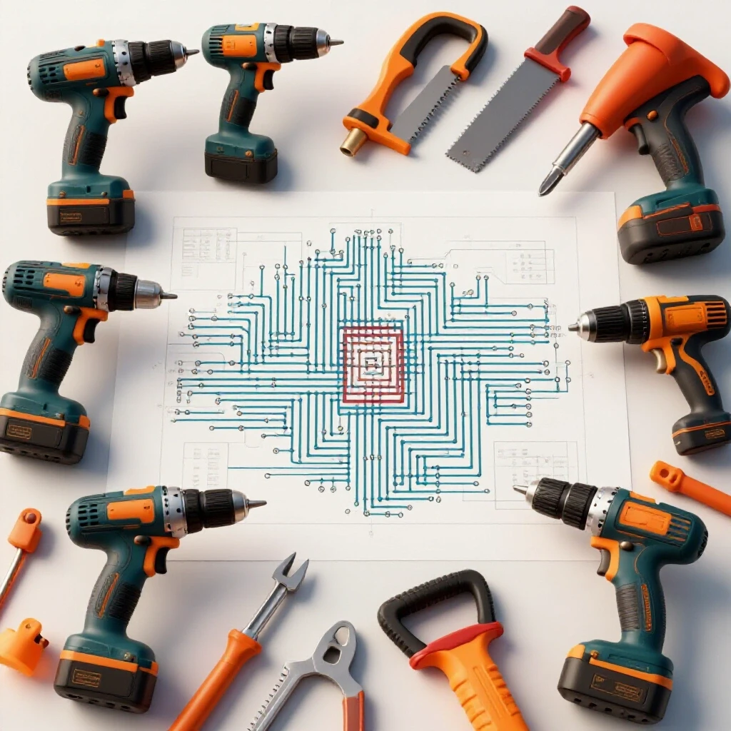 A well-organized workshop scene showing vibrant electrical circuit diagrams intertwined with tools.
