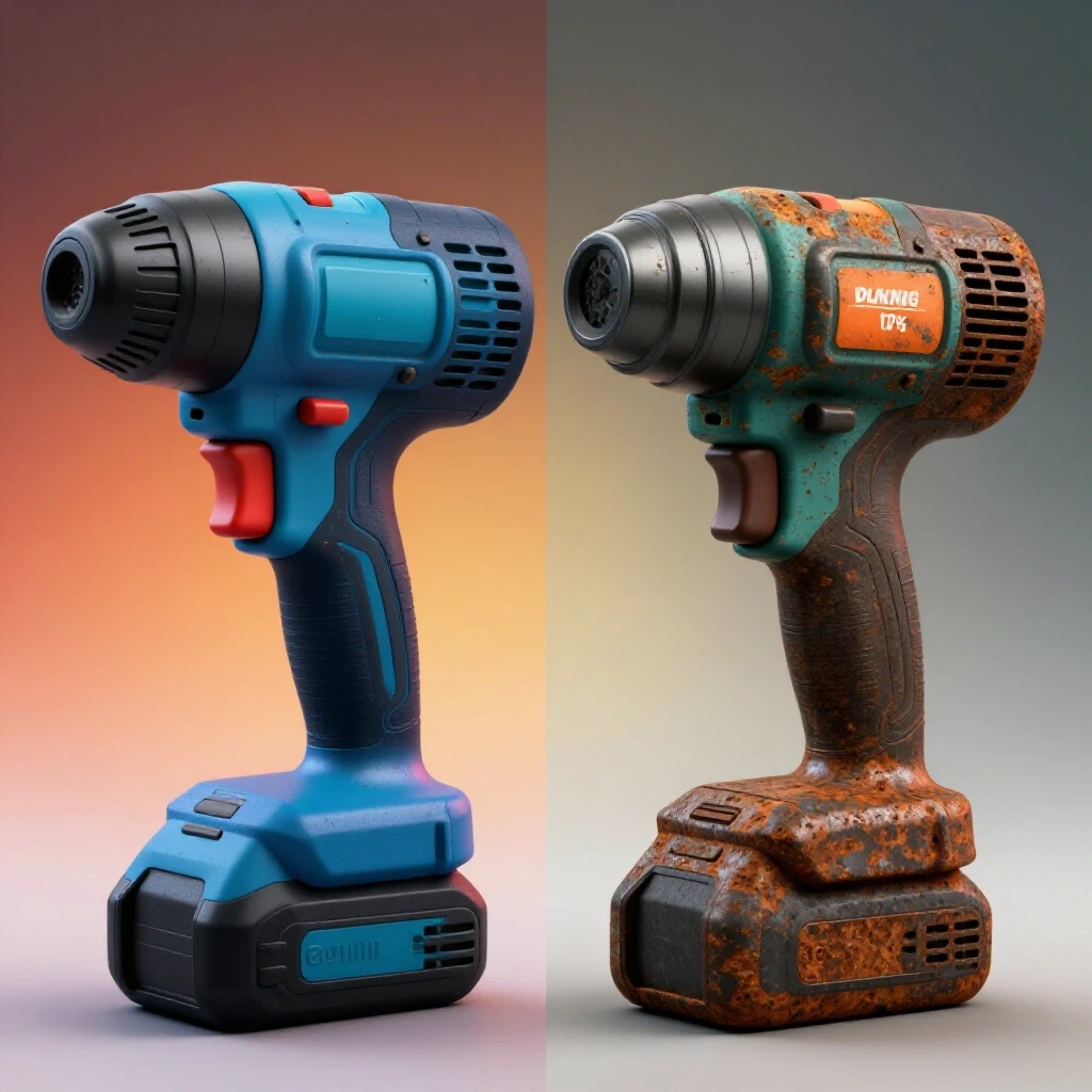 Image showing a new power tool juxtaposed with a rusty version, symbolizing tool depreciation and value over time.