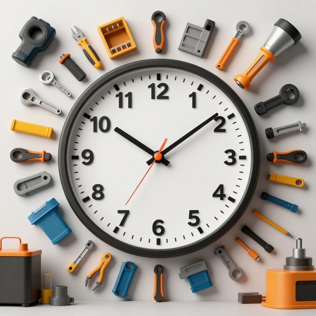 A visually organized workshop workspace featuring a large clock and tools arranged to symbolize efficiency in production.