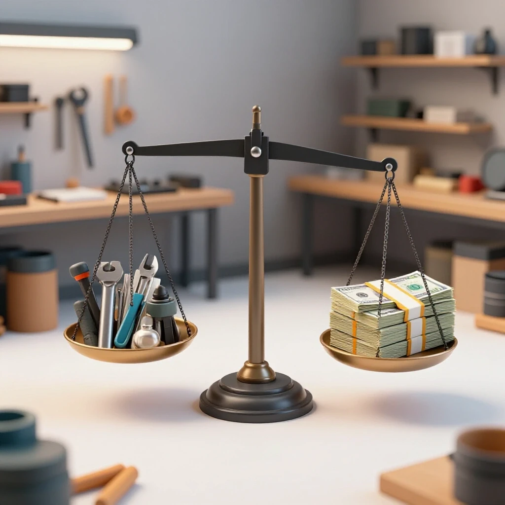 A balanced scale in a workshop, one side with tools and the other with stacks of money, symbolizing project profitability.