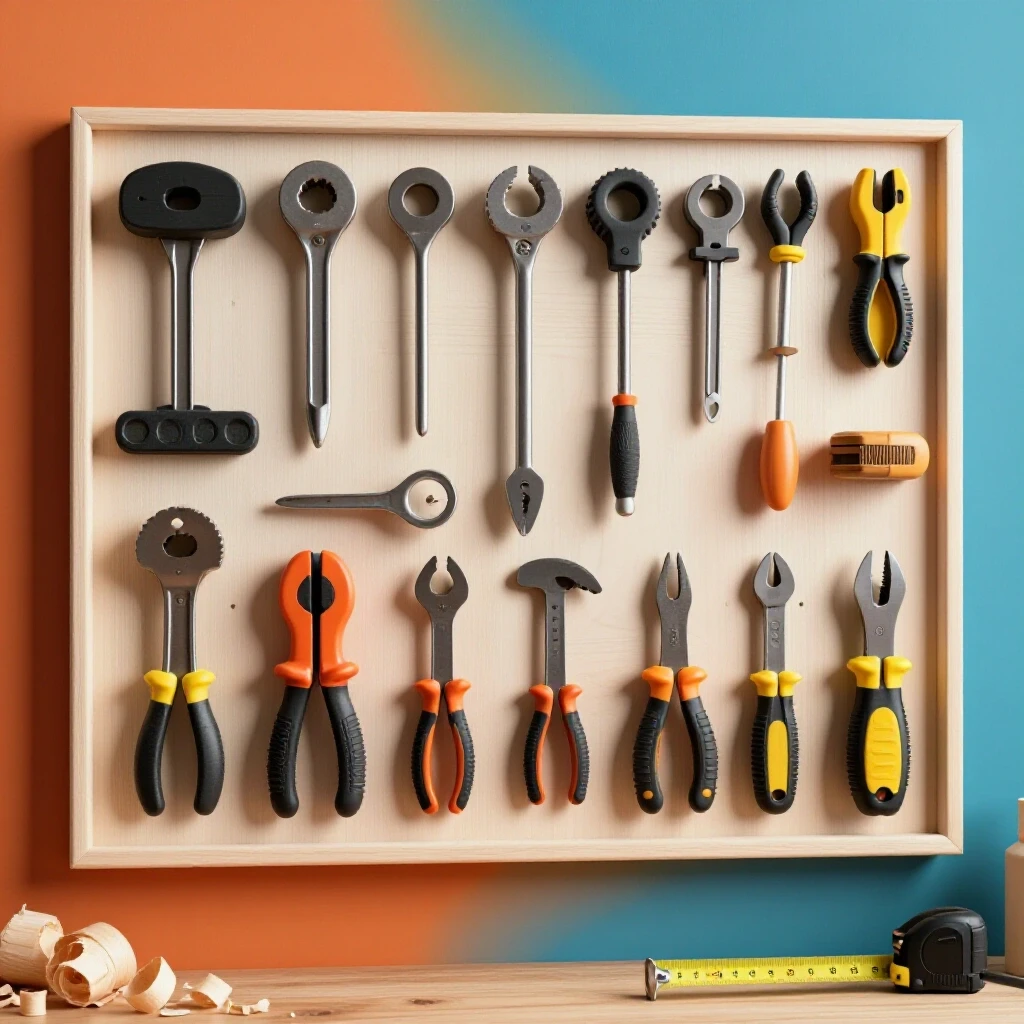 Polished shadow board showcasing neatly organized tools against a bright background, evoking DIY craftsmanship.