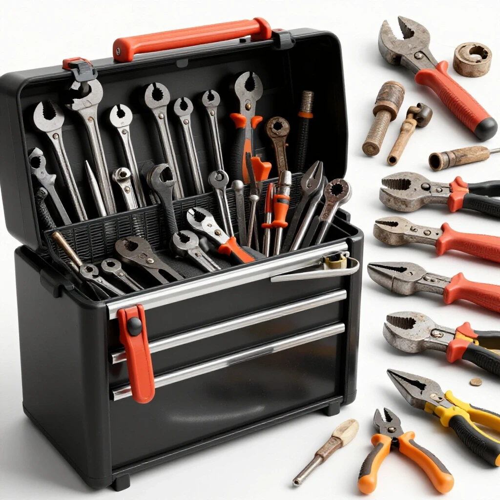 A contrasting image of a well-organized toolbox filled with quality metalworking tools next to neglected tools, highlighting reliability.