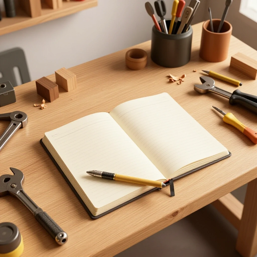 A neat workshop workspace showcasing an open logbook and organized tools, symbolizing effective tool management.