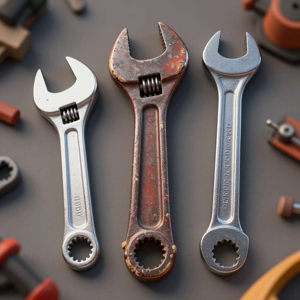 Close-up of a worn wrench next to a new wrench, set in a bright workshop background, showcasing wear and performance tracking.