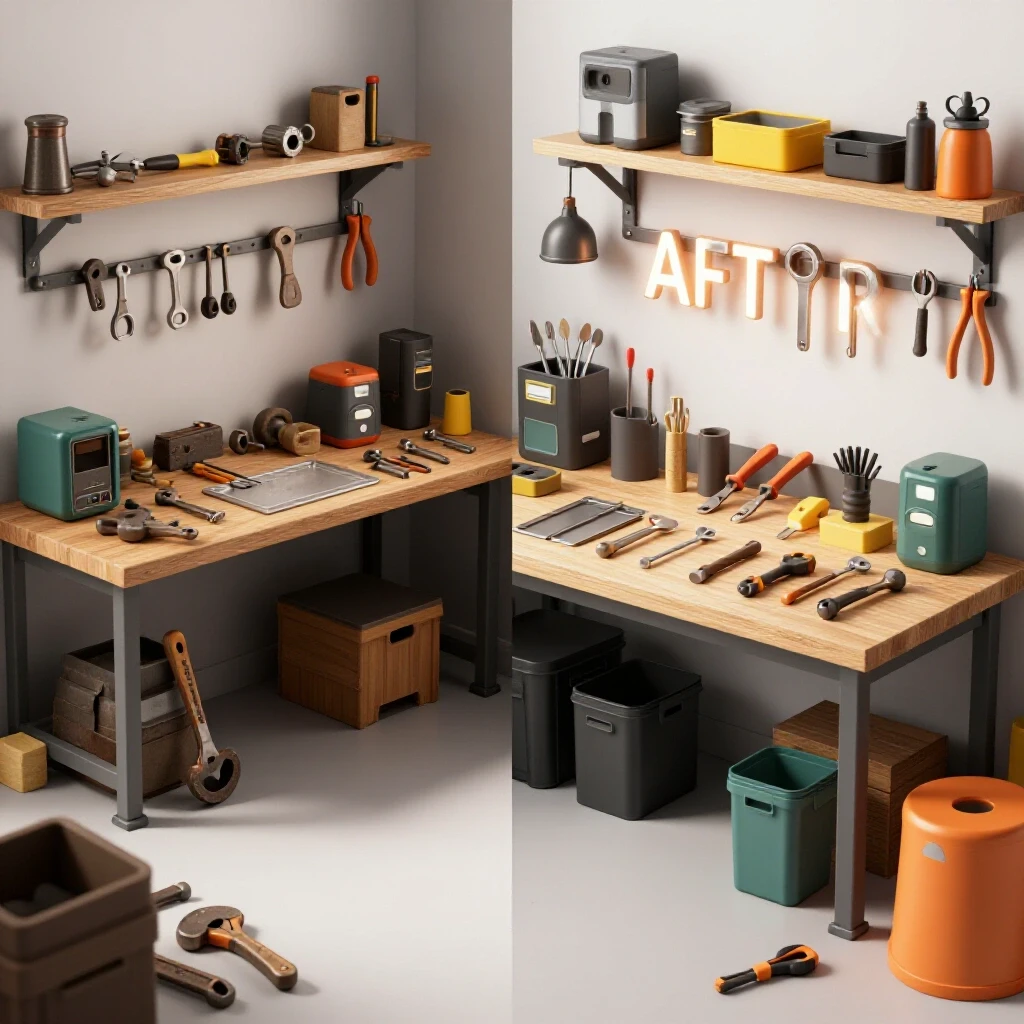 A vibrant workshop transformation showcasing old cluttered tools vs. modern efficient tools in a bright space.
