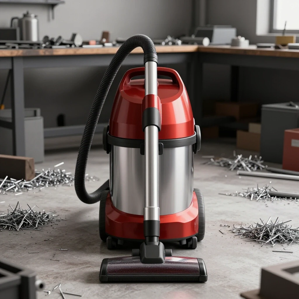 A modern vacuum displayed in a cluttered workshop setting, surrounded by steel shavings, showcasing metalworking efficiency.