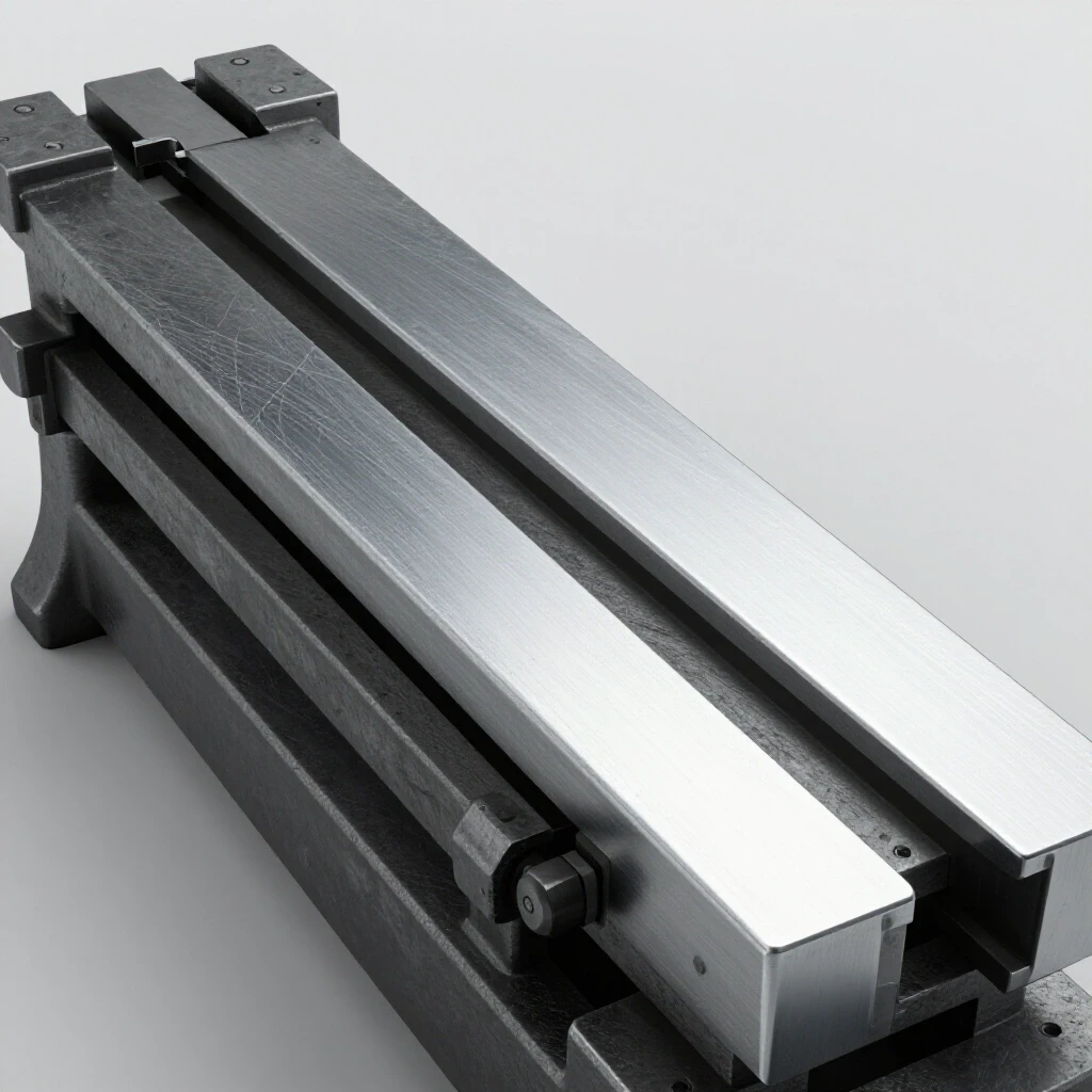 Worn metal lathe bed showing scratches on one side and a polished finish on the other side, symbolizing restoration.
